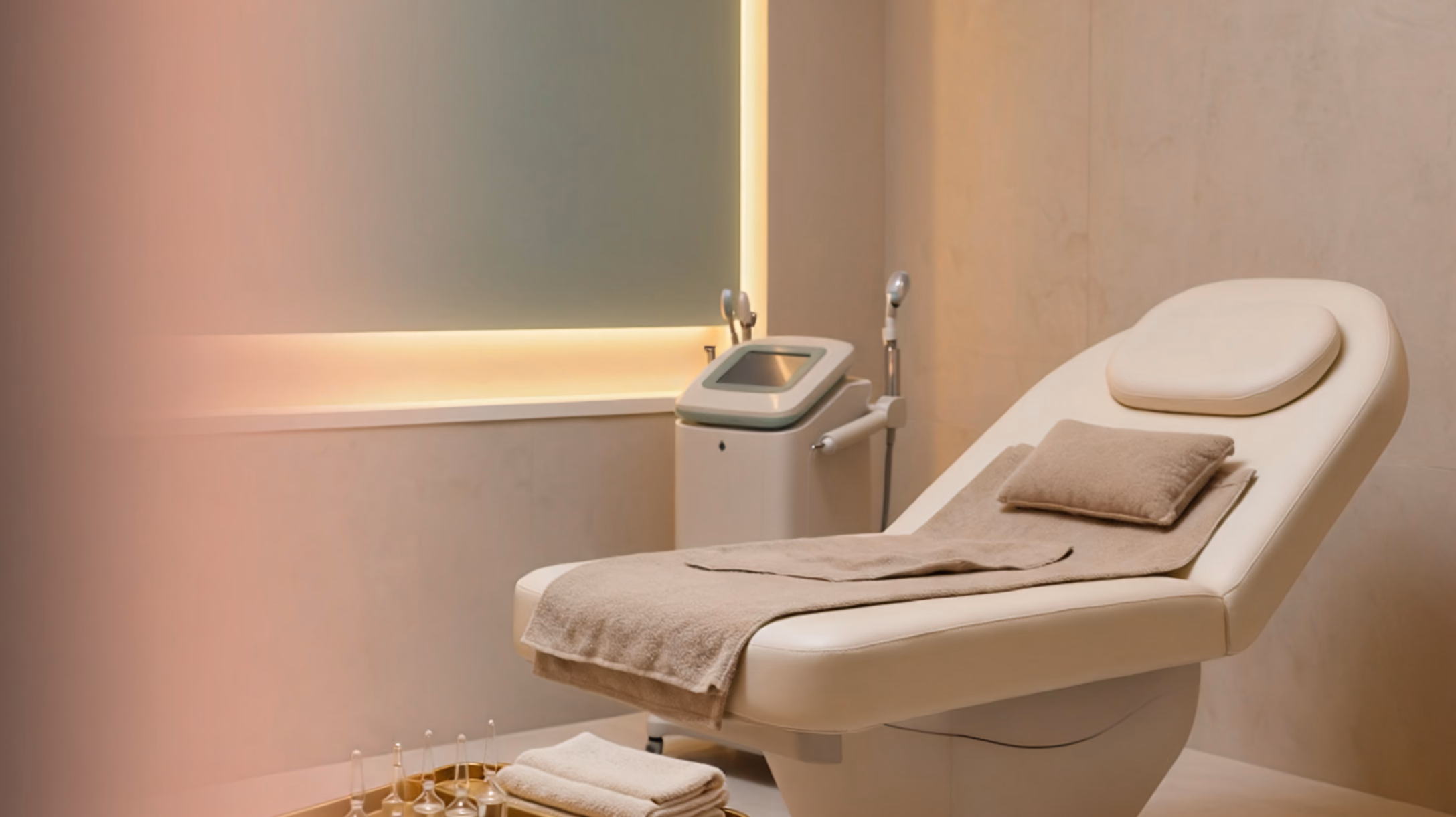Warmly lit treatment room with an aesthetic treatment bed and device.