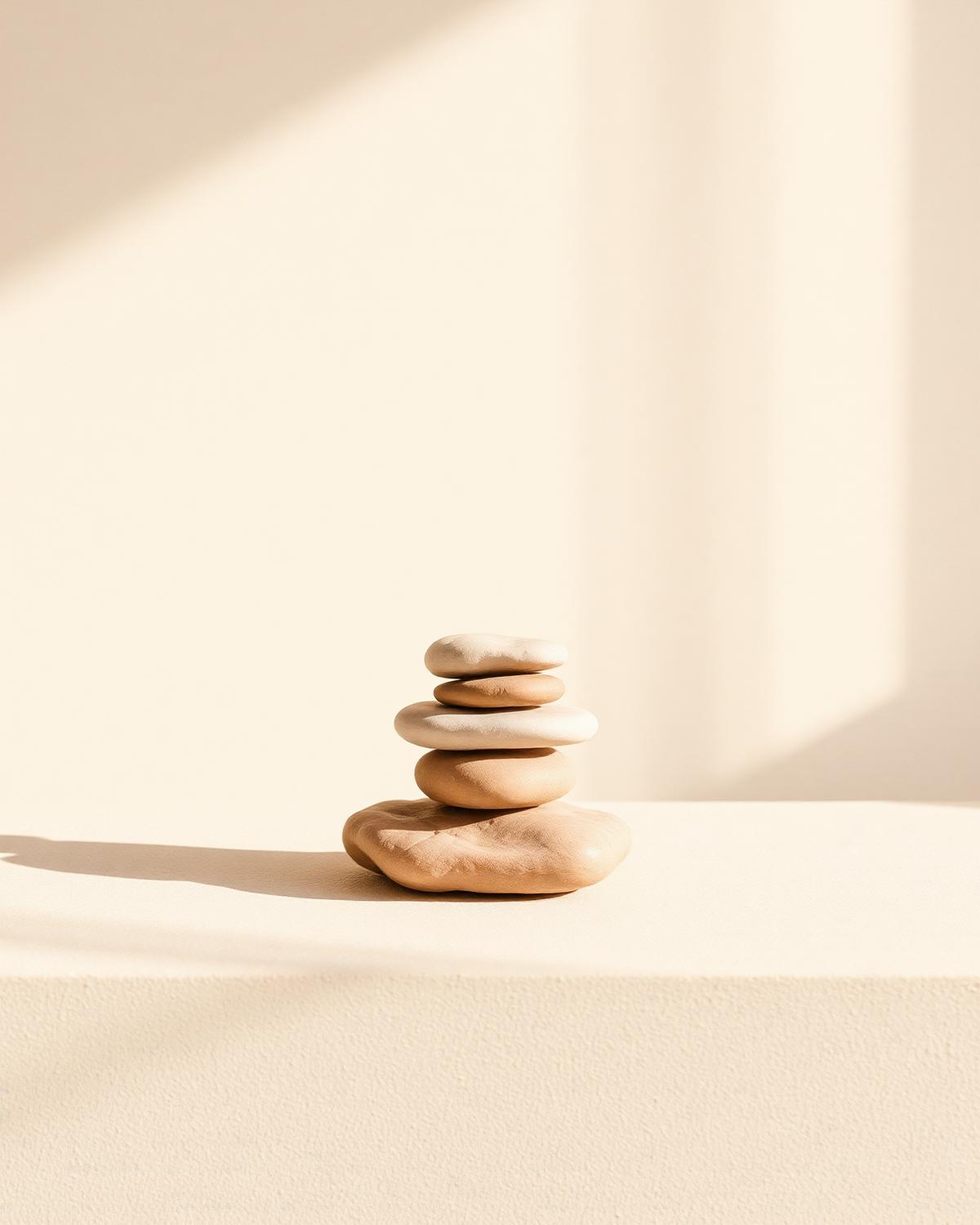 A balanced stack of smooth stones in warm light