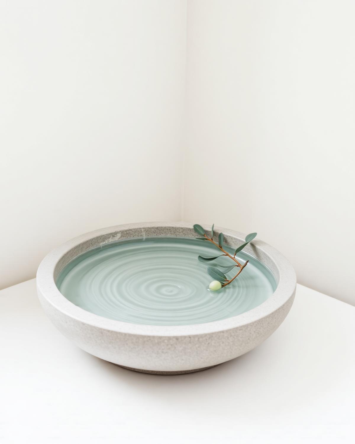 Still water rippling in a stone basin beside a eucalyptus sprig