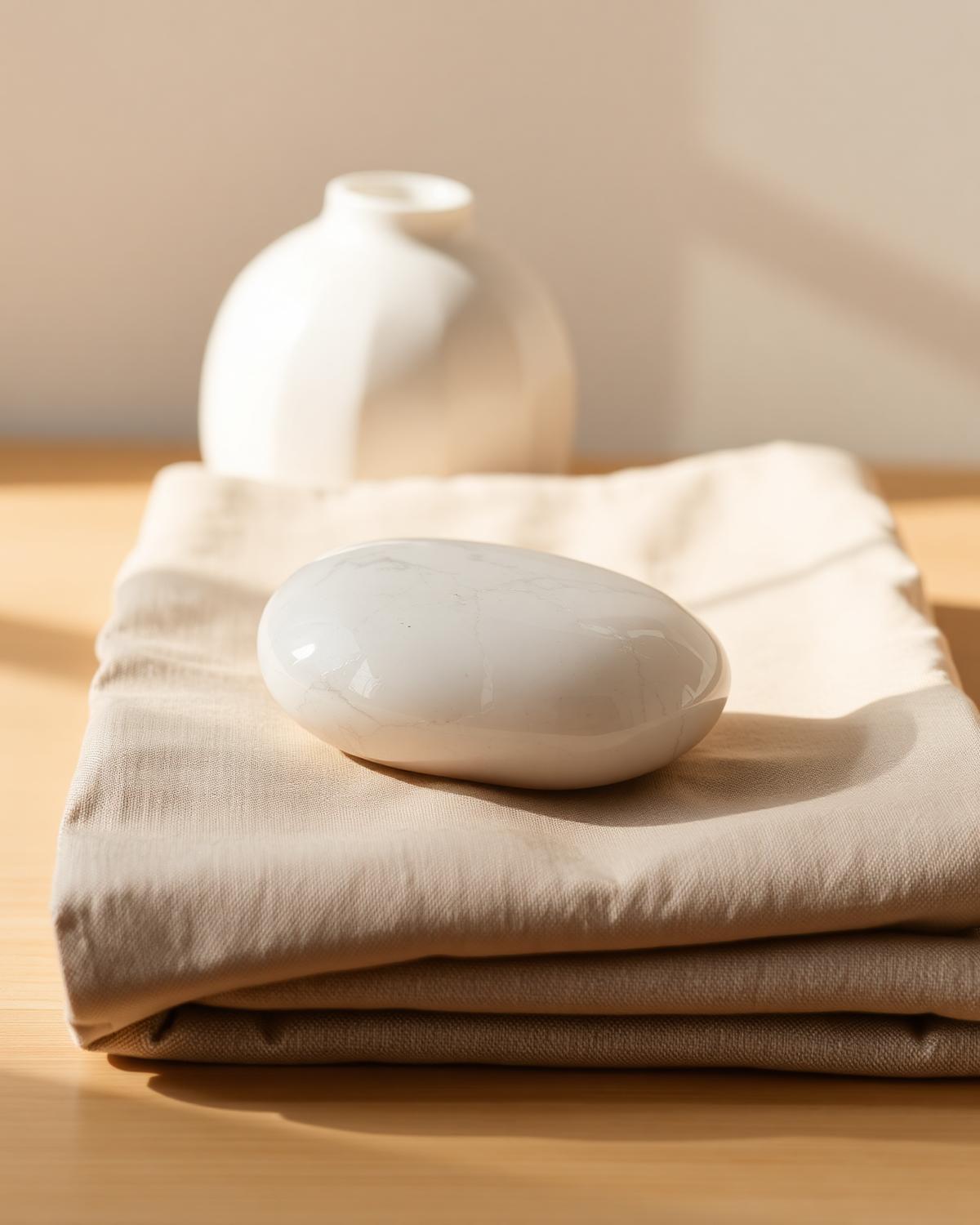 A polished alabaster stone resting on folded linen in afternoon light