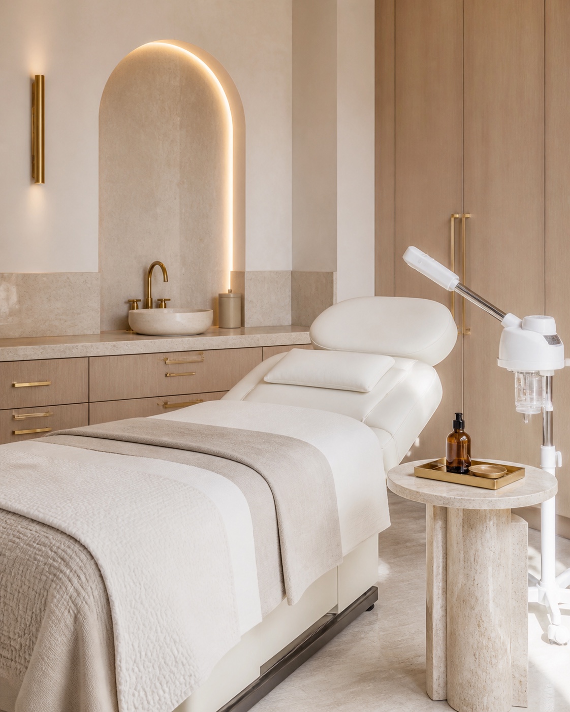 A softly lit treatment suite with an ivory treatment bed and facial steamer.