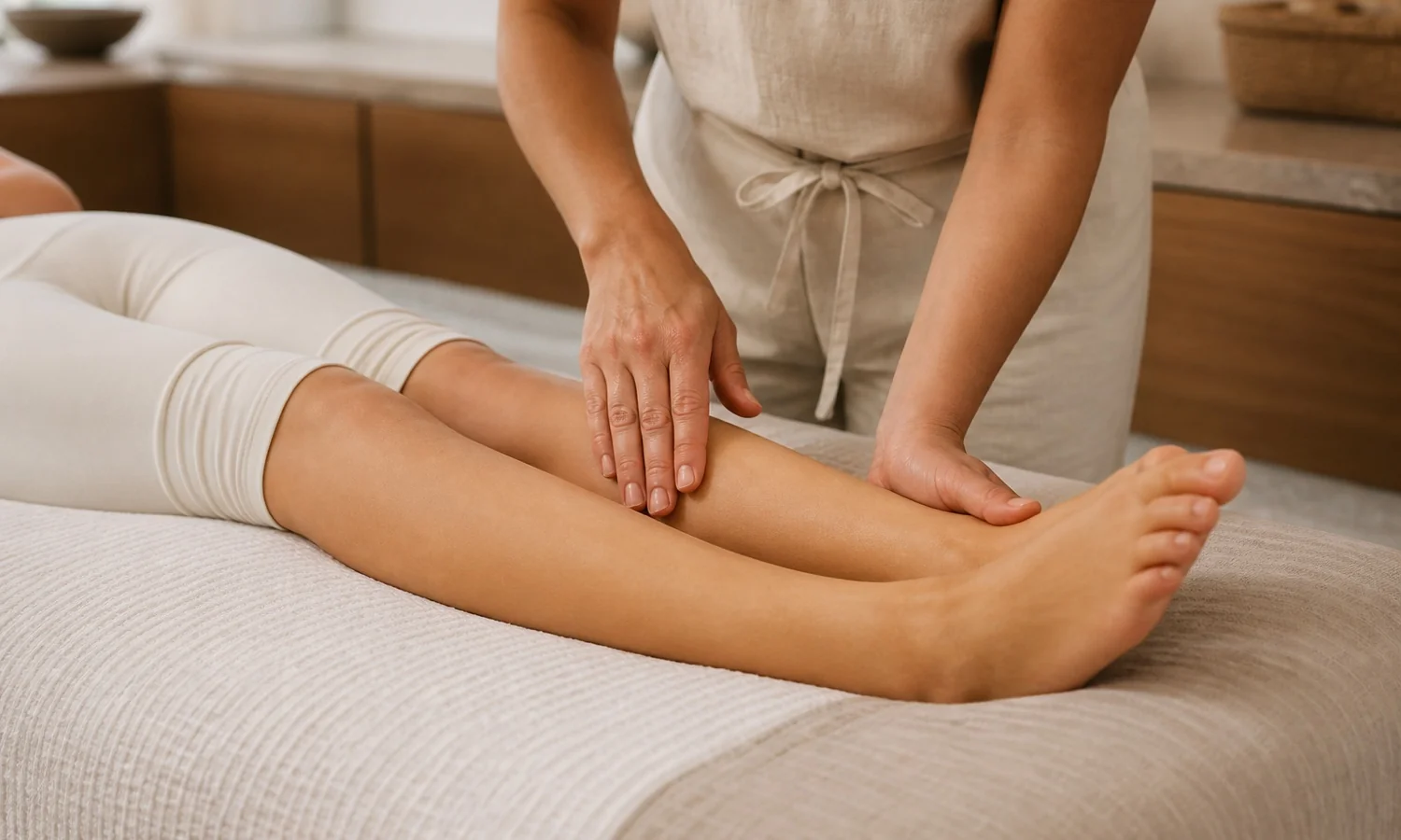A practitioner performs a hands-on lymphatic drainage treatment on a client’s lower leg.